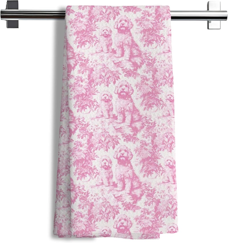 Nipil Nipi Pink Chinoiserie Golden Doodle Kitchen Towels, Pink Botanical Grandmillennial Dog Decorative Dish Tea Towels, Golden Doodle Gifts Hand Towels for Kitchen Bathroom Decor, 16x24 Inch - Image 1